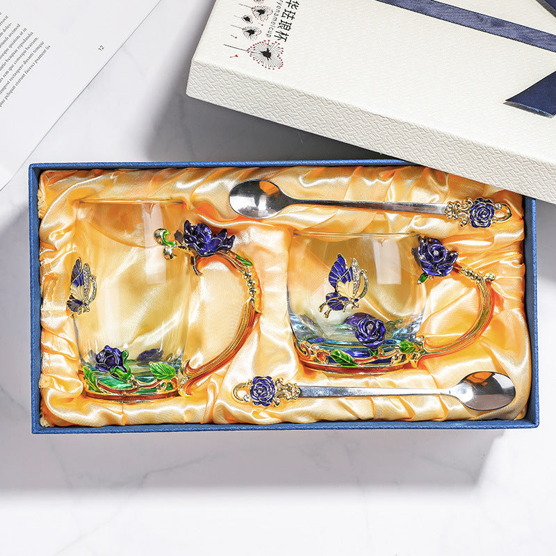 Factory Direct Sale Goddess Festival Activities Rose Enamel Water Cup Heat-resistant Glass Business Gift Festival Wholesale