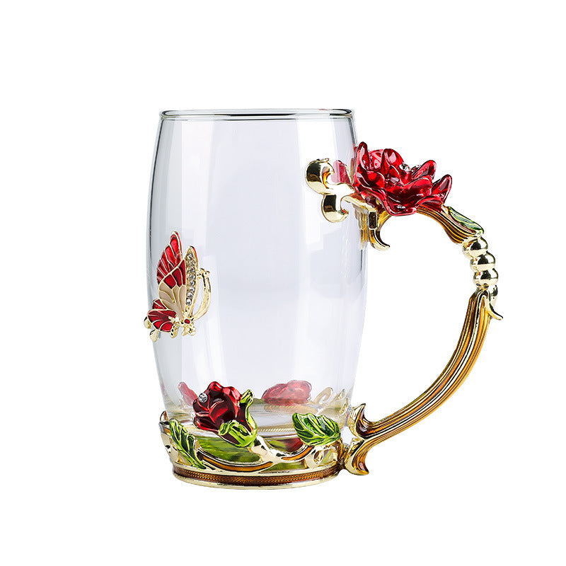 Factory Direct Sale Goddess Festival Activities Rose Enamel Water Cup Heat-resistant Glass Business Gift Festival Wholesale