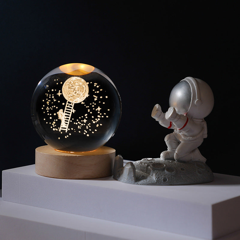 3D Laser Engraving Luminous Crystal Ball Glass Ornament Solar System Moon Luminous Wood Base