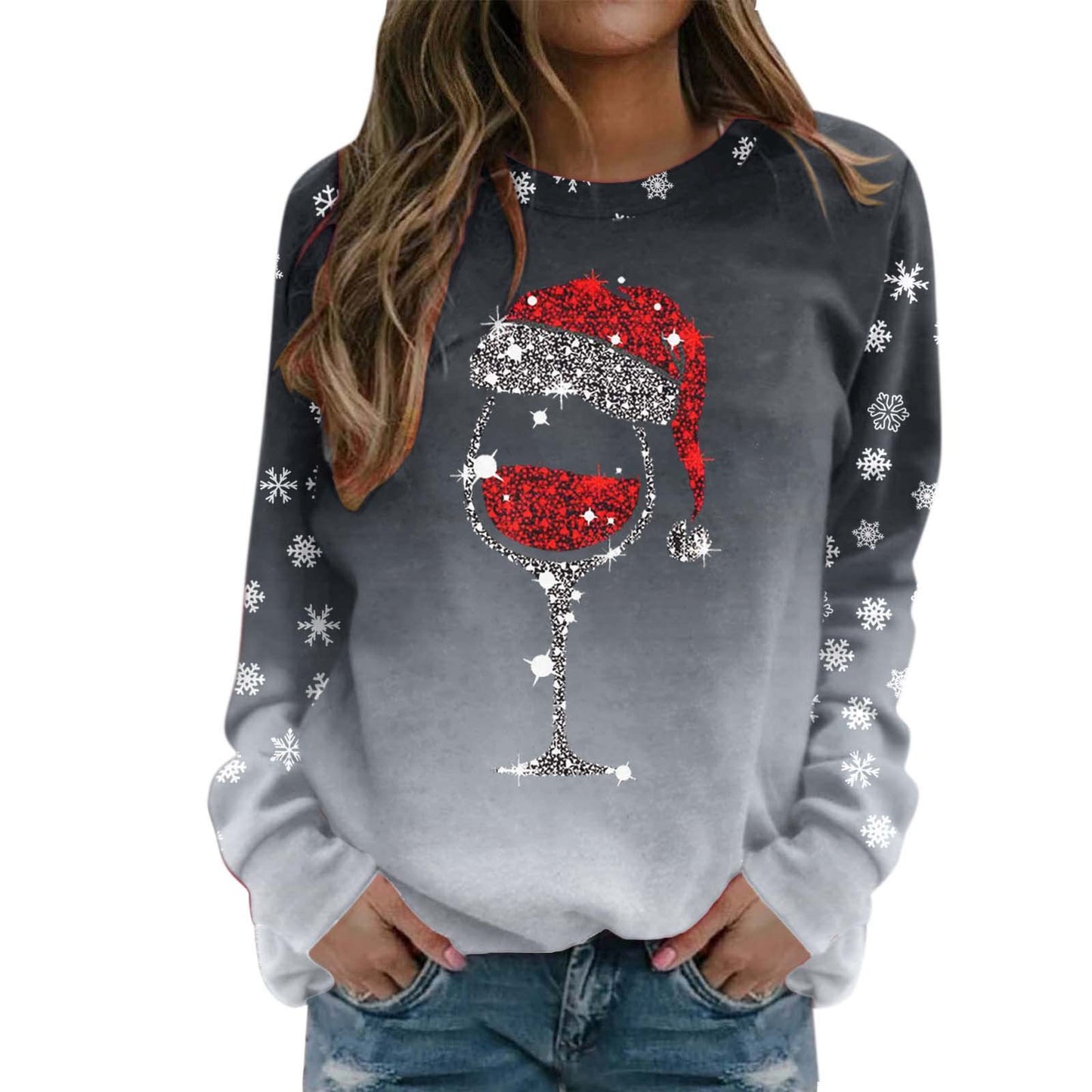 Christmas Sweater Women's Wine Cup Christmas Hat 3D Printing European And American Clothing