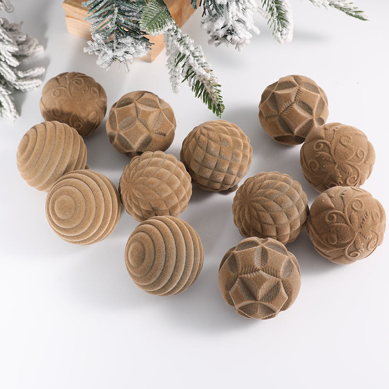Cross Border Flocking Christmas Ball 6cm12 Boxed Christmas Tree Pendant Plastic Painted Velvet Ball Holiday Decorations
