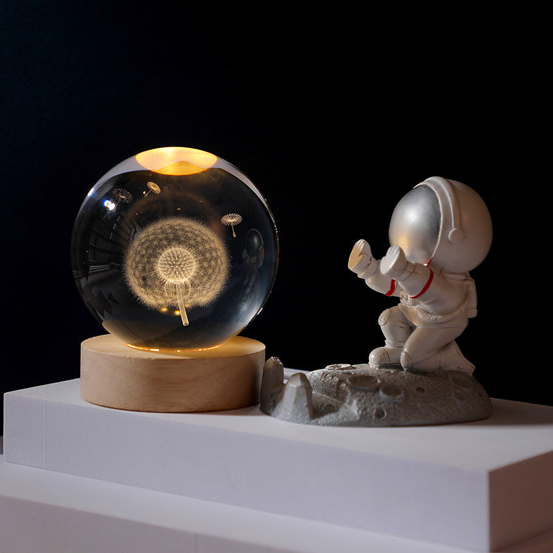 3D Laser Engraving Luminous Crystal Ball Glass Ornament Solar System Moon Luminous Wood Base