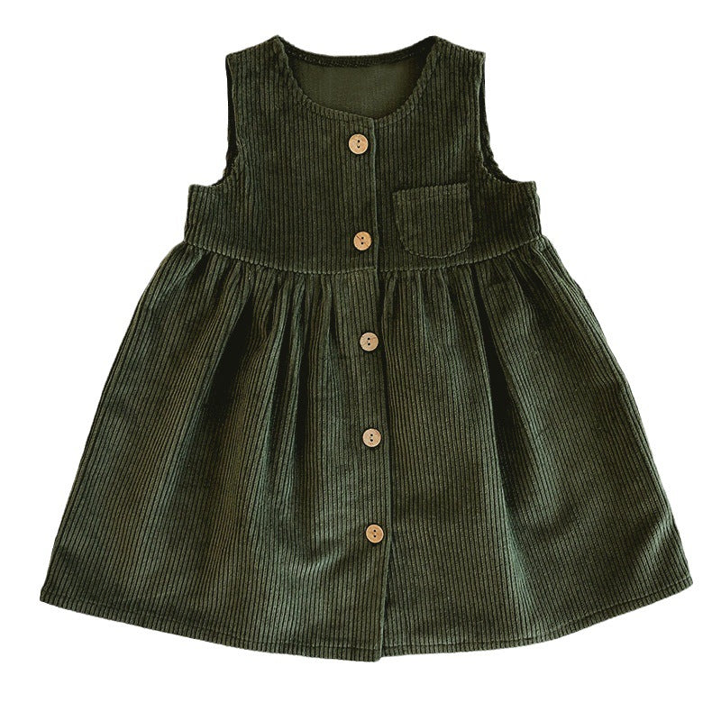 Children's Skirt Spring And Autumn New Arrival Female Baby Korean Style Solid Color Casual Dress Sleeveless Vestigational Dress Corduroy Warm Dress