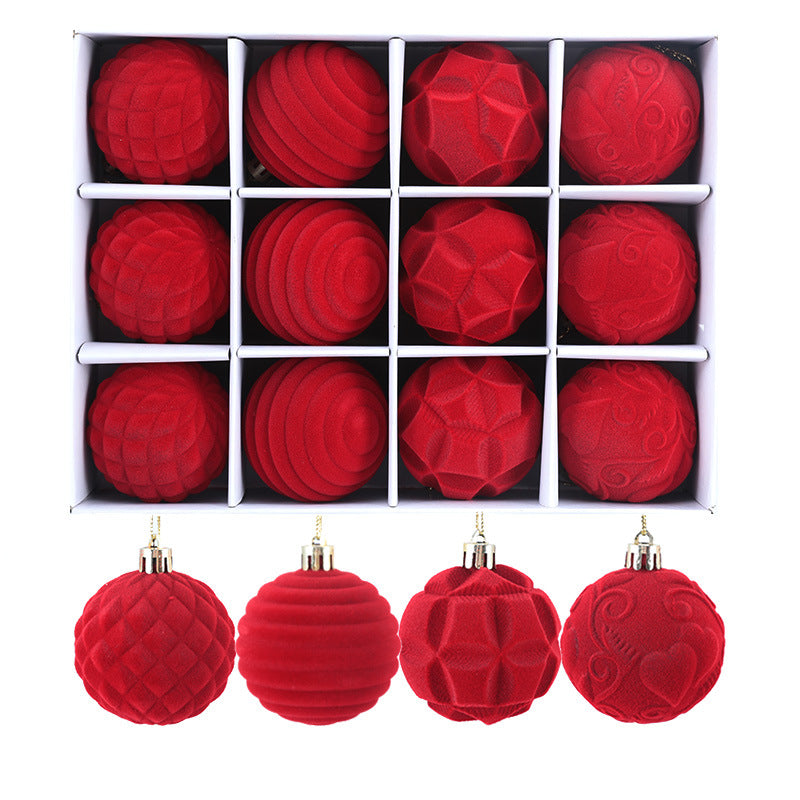 Cross Border Flocking Christmas Ball 6cm12 Boxed Christmas Tree Pendant Plastic Painted Velvet Ball Holiday Decorations