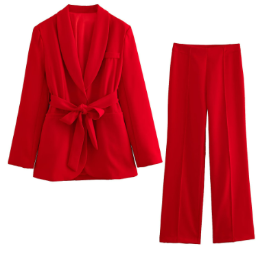 Belted Trousers Suit - Women's Clothing