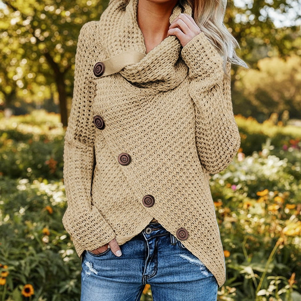 Button-down Turtleneck Sweater Women's Long-sleeved Hem Asymmetric Design Autumn And Winter New Pullover Knitwear 27920