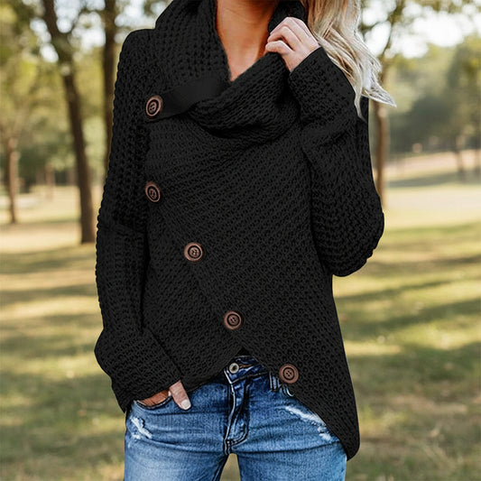 Button-down Turtleneck Sweater Women's Long-sleeved Hem Asymmetric Design Autumn And Winter New Pullover Knitwear 27920