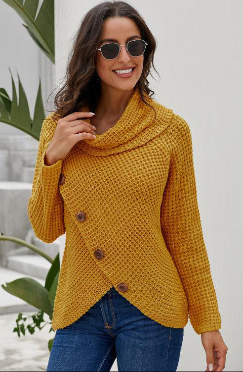 Button-down Turtleneck Sweater Women's Long-sleeved Hem Asymmetric Design Autumn And Winter New Pullover Knitwear 27920
