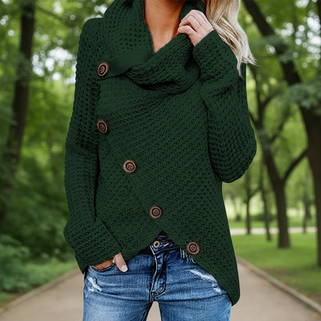 Button-down Turtleneck Sweater Women's Long-sleeved Hem Asymmetric Design Autumn And Winter New Pullover Knitwear 27920