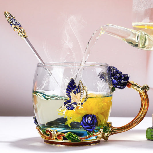 Factory Direct Sale Goddess Festival Activities Rose Enamel Water Cup Heat-resistant Glass Business Gift Festival Wholesale