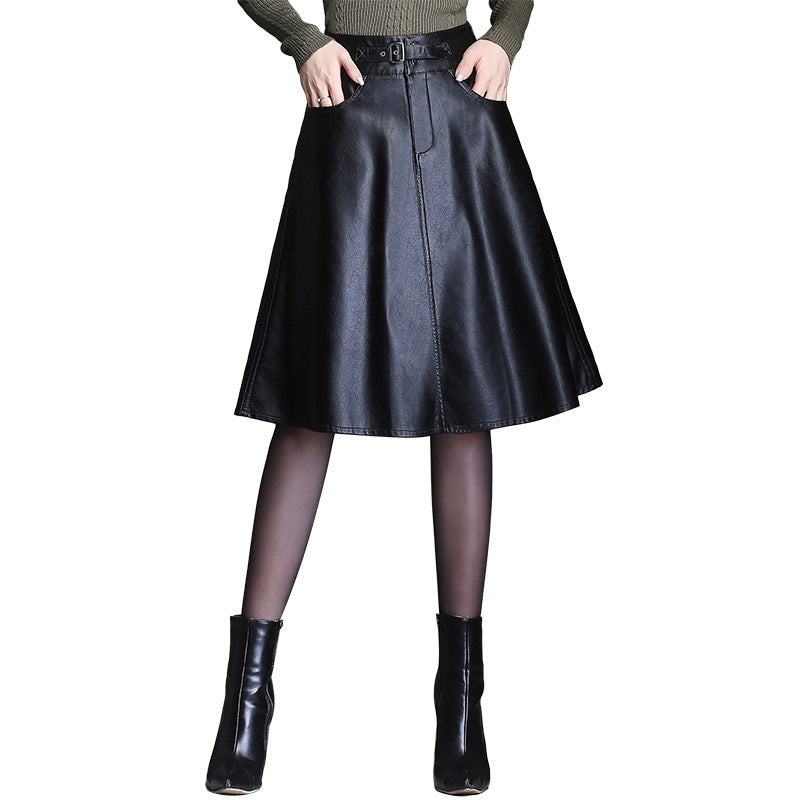 Fashion Half-length Leather Skirt Women  Autumn And Winter New PU Leather Skirt Umbrella Skirt High Waist Korean Version A-line Mid-length Skirt