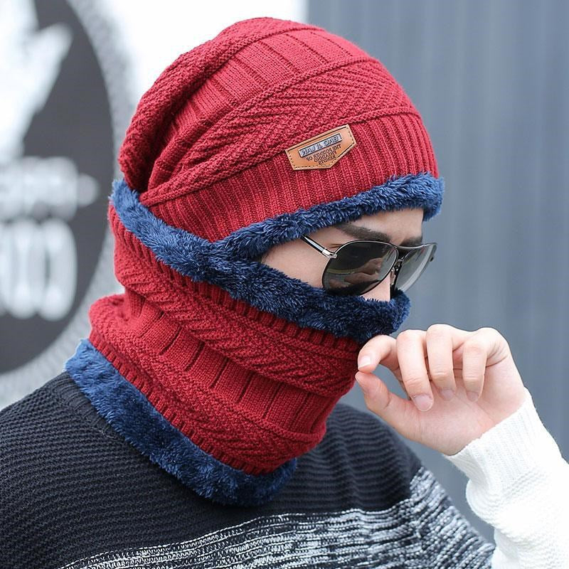 [Hat + Scarf] Korean Style Autumn And Winter Velvet Thickened Warm Knitted Woolen Hat Men's Outdoor Pullover Hat