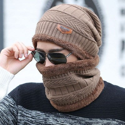 [Hat + Scarf] Korean Style Autumn And Winter Velvet Thickened Warm Knitted Woolen Hat Men's Outdoor Pullover Hat