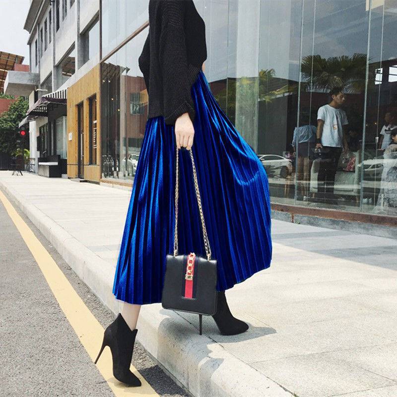 Velvet Pleated Skirt Female Students 2021 Spring And Autumn New Korean Version Of The High Waist Skirt Mid-length Thin Long Skirt Women's Tide