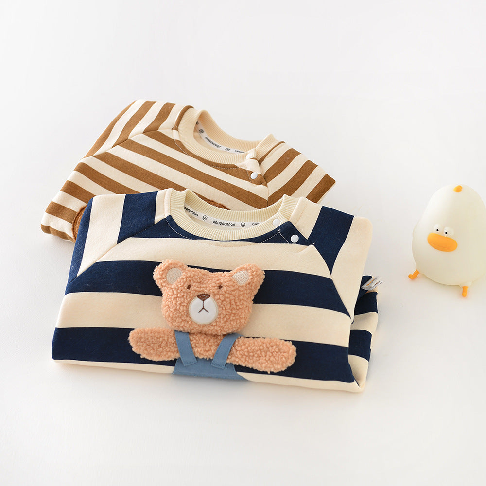 A Bao Nannan Autumn And Winter Korean Infant Striped Bag Fart Clothes Ins Baby Fleece Thickened Bear Doll Climbing Suit