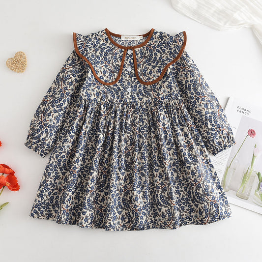 Girls&#039; Dress Foreign Trade Autumn New Style Little Girl Fashionable Floral Doll Collar Children&#039;s Dress Foreign Trade Long-sleeved Skirt Wholesale