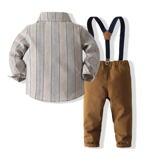 Boys Gentleman Striped Dress Suit Autumn New Children&#039;s Japanese Style Long-sleeved Shirt Overalls Four-piece Set