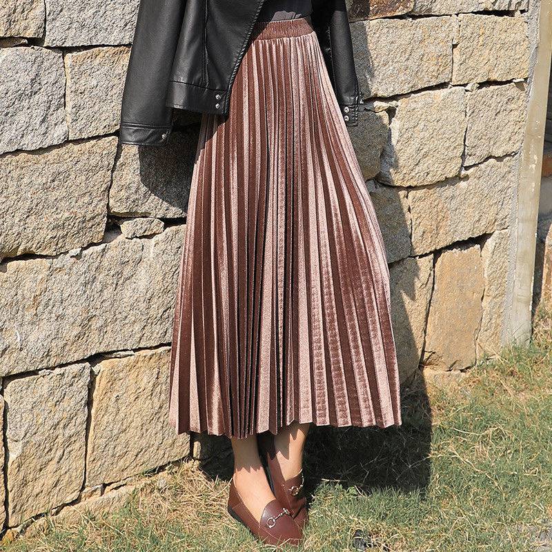 Velvet Pleated Skirt Female Students 2021 Spring And Autumn New Korean Version Of The High Waist Skirt Mid-length Thin Long Skirt Women's Tide