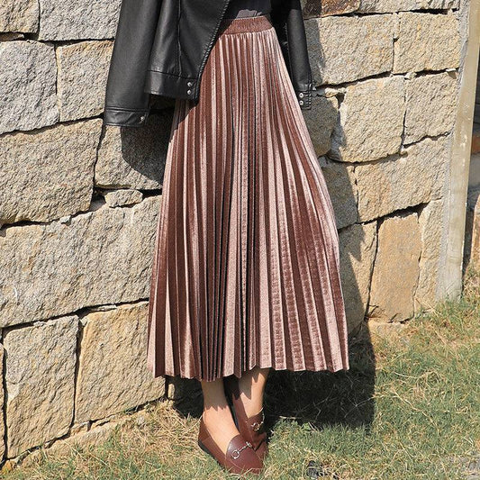 Velvet Pleated Skirt Female Students 2021 Spring And Autumn New Korean Version Of The High Waist Skirt Mid-length Thin Long Skirt Women's Tide