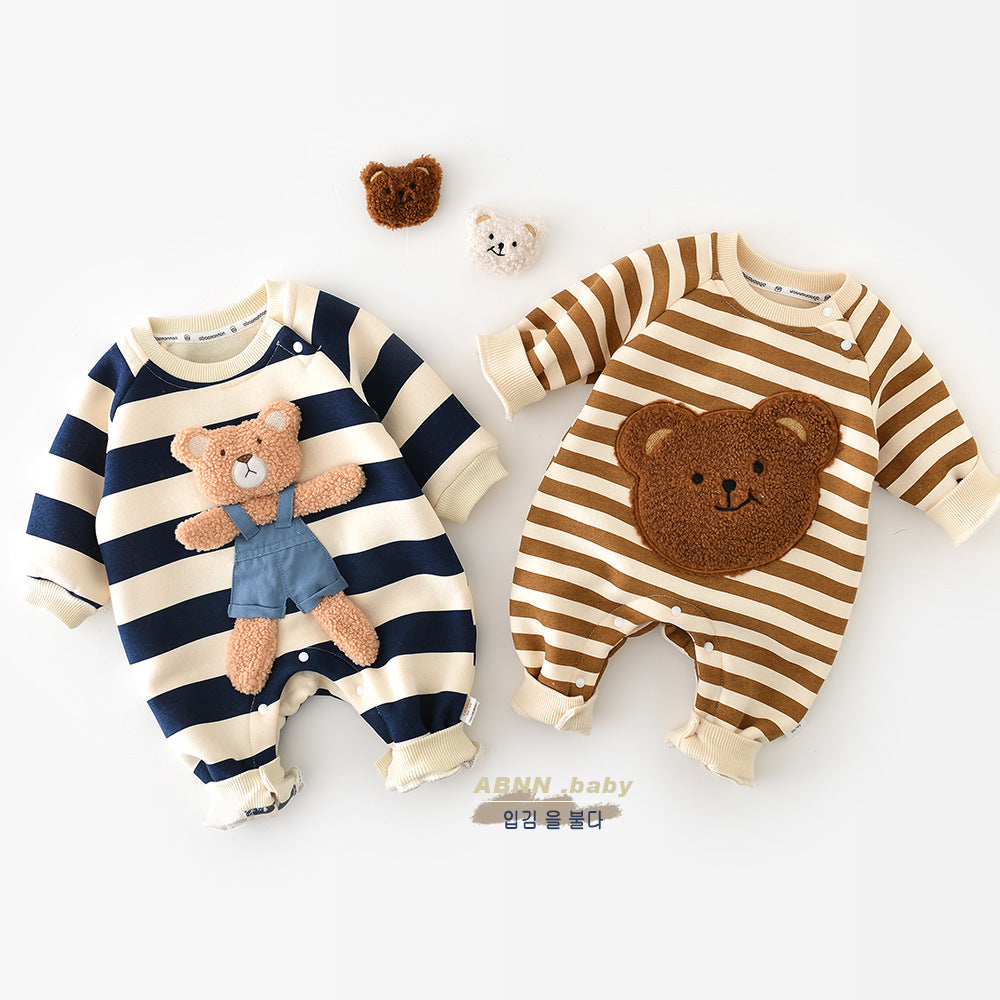 A Bao Nannan Autumn And Winter Korean Infant Striped Bag Fart Clothes Ins Baby Fleece Thickened Bear Doll Climbing Suit