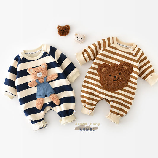 A Bao Nannan Autumn And Winter Korean Infant Striped Bag Fart Clothes Ins Baby Fleece Thickened Bear Doll Climbing Suit