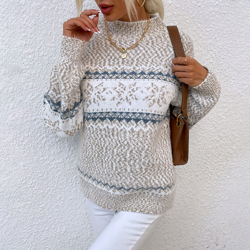 Christmas Knitwear  Autumn And Winter New Arrivals  Half High Collar Snowflake Sweater Women