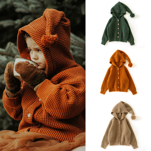 Boys And Girls Baby Hooded Knitted Sweater Warm And Comfortable Children&#039;s Wool Pineapple Check Coat