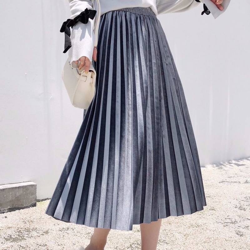 Velvet Pleated Skirt Female Students 2021 Spring And Autumn New Korean Version Of The High Waist Skirt Mid-length Thin Long Skirt Women's Tide