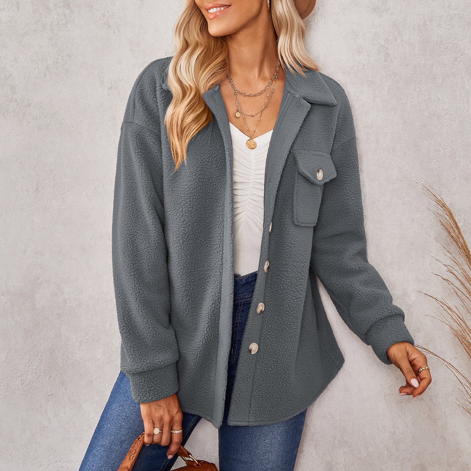 Women's Clothing 2022 Autumn And Winter New Tops Women's Solid Color Fashion Lapel Plush Loose Coat