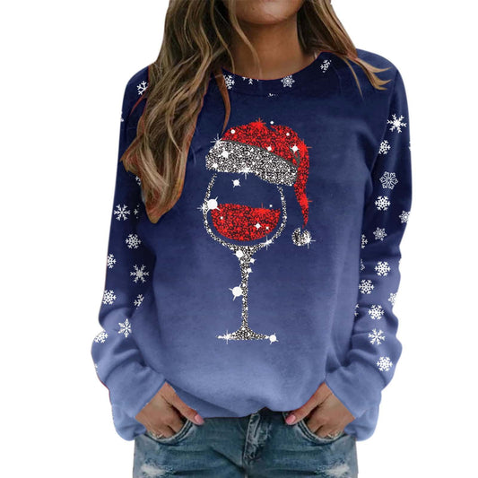 Christmas Sweater Women&#039;s Wine Cup Christmas Hat 3D Printing European And American  Clothing