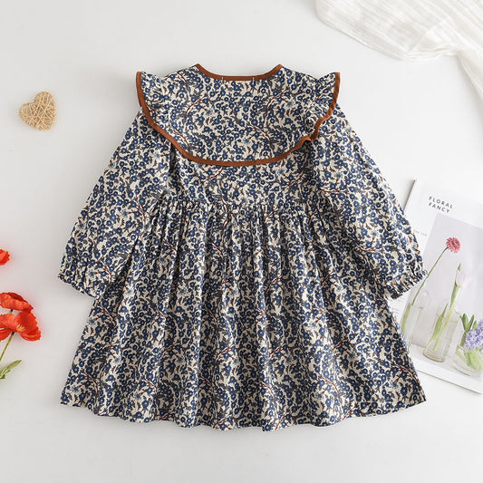 Girls&#039; Dress Foreign Trade Autumn New Style Little Girl Fashionable Floral Doll Collar Children&#039;s Dress Foreign Trade Long-sleeved Skirt Wholesale