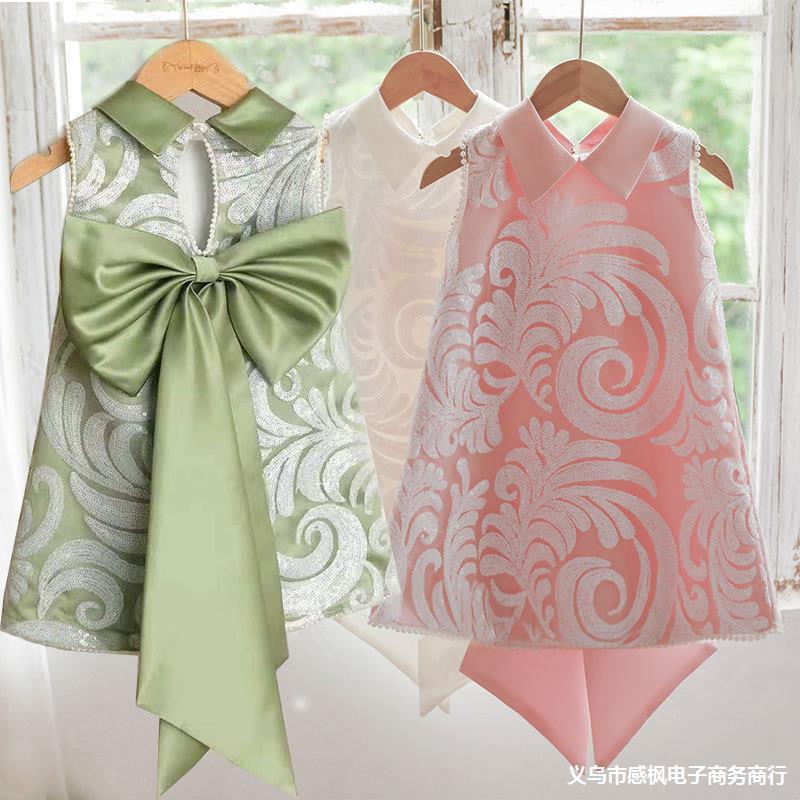 Full Moon Dress Holiday Dress Girl Skirt Bow Birthday Girl Baby One Year Old Dress Korean Version Female Big-