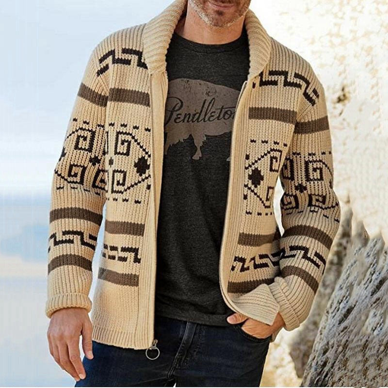 Autumn And Winter New Men's Fashion Lapel Casual Cardigan Coat Long-sleeved Slim Jacquard Knitted Sweater