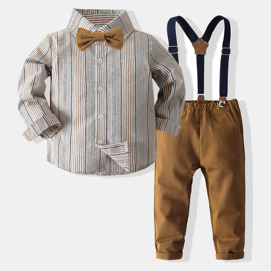 Boys Gentleman Striped Dress Suit Autumn New Children&#039;s Japanese Style Long-sleeved Shirt Overalls Four-piece Set