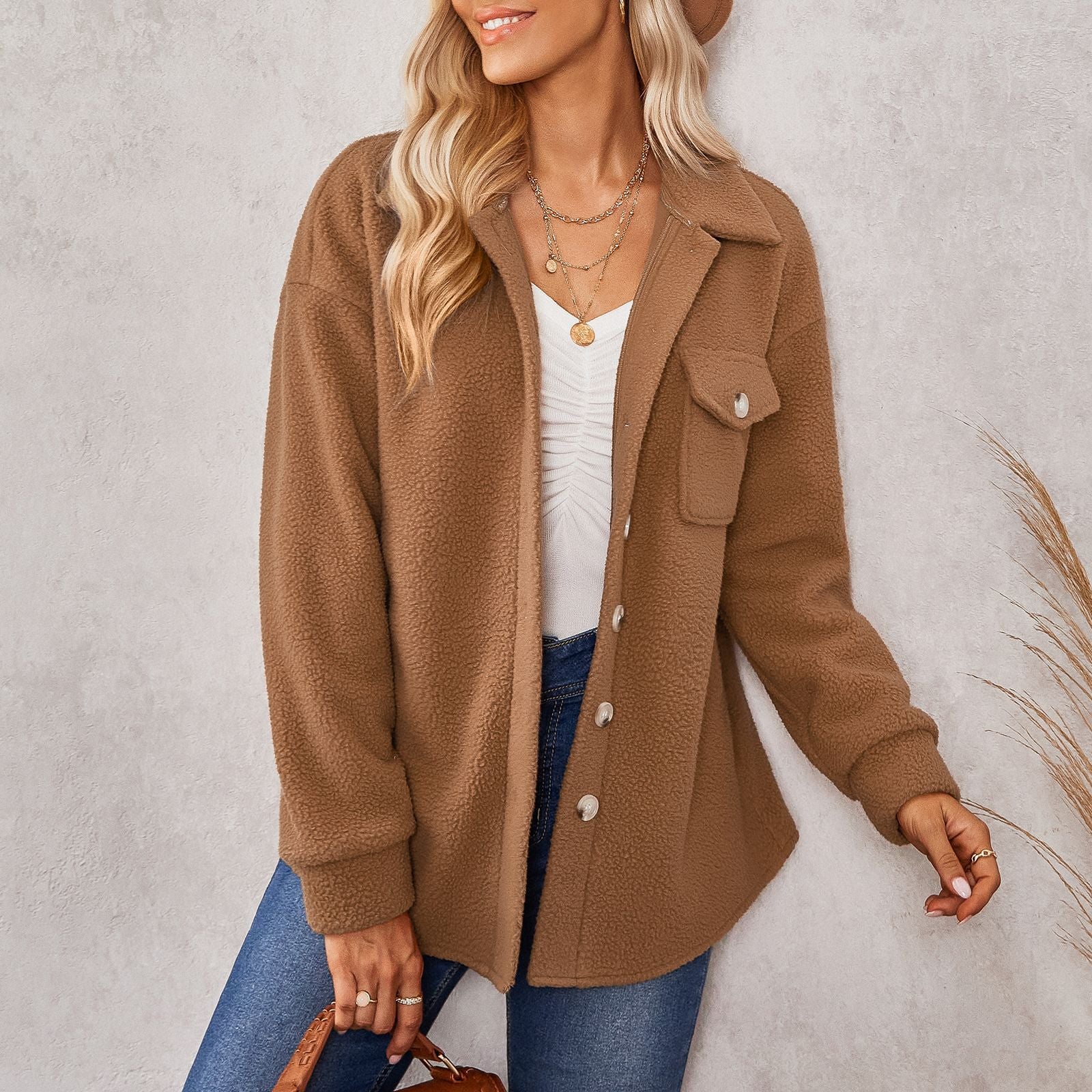 Women's Clothing 2022 Autumn And Winter New Tops Women's Solid Color Fashion Lapel Plush Loose Coat