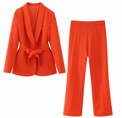 Belted Trousers Suit - Women's Clothing