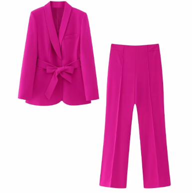 Belted Trousers Suit - Women's Clothing